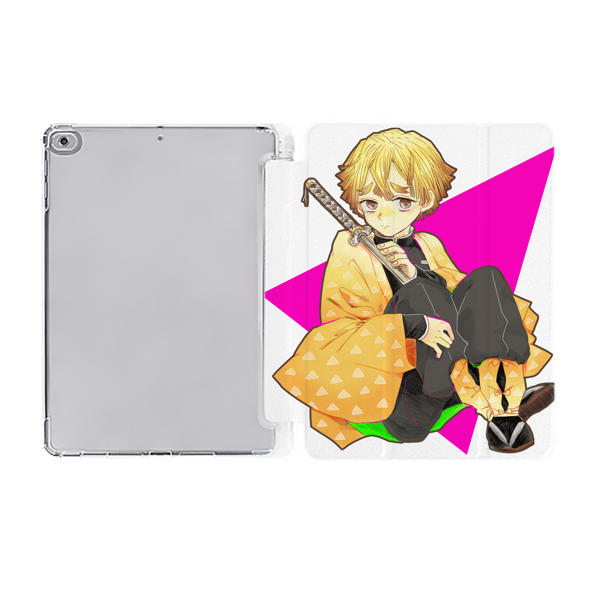 （画像用） 鬼滅の刃（きめつのやいば）我妻 善逸／あがつま ぜんいつ Agatsuma Zenitsu IPad ケース ペン収納付き 三つ折りスタンド PUレザー×シリコン 対応機種9.5/10.5/10.9インチ